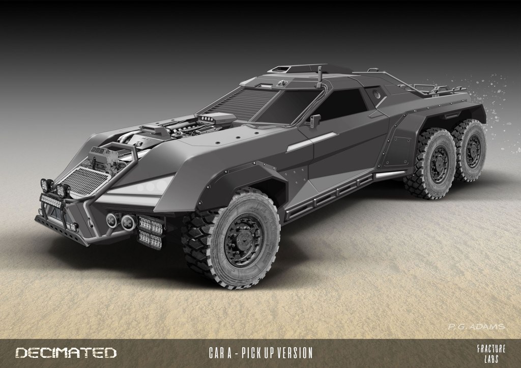 A futuristic six-wheeled pickup vehicle designed for rugged terrain, featuring a sleek gray exterior, reinforced body, and various modifications for off-road performance.