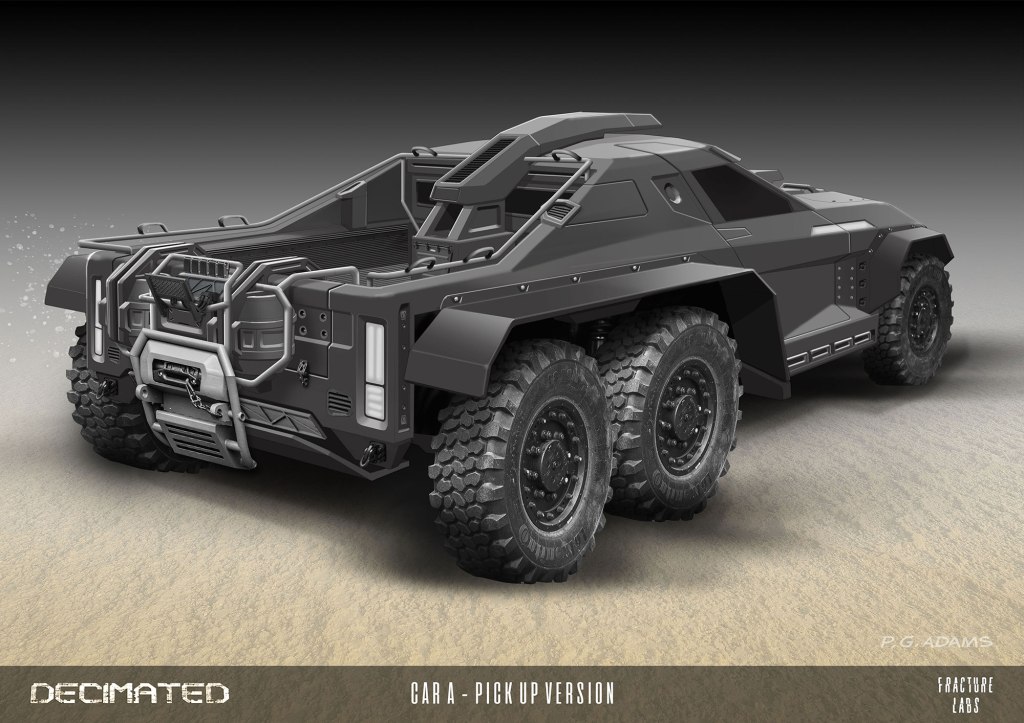 3D rendering of a futuristic pickup truck with six wheels, featuring rugged tires, a sturdy front grille, and a sleek, angular design.