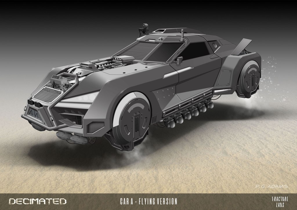 A futuristic flying vehicle design with a sleek, angular shape, featuring advanced technology and propellers, depicted in a sandy landscape.