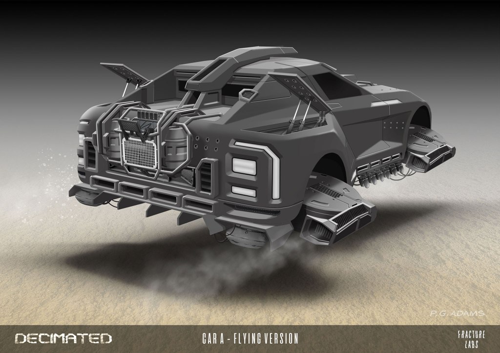 A futuristic flying car model with jet-like engines and a sleek design, featuring a gray color scheme and various aerodynamic elements.
