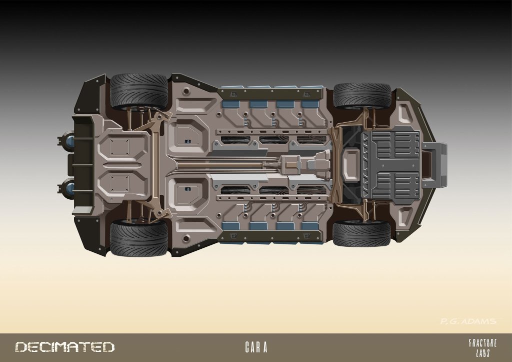 Top view illustration of a futuristic vehicle's chassis, showcasing detailed components and wheels.