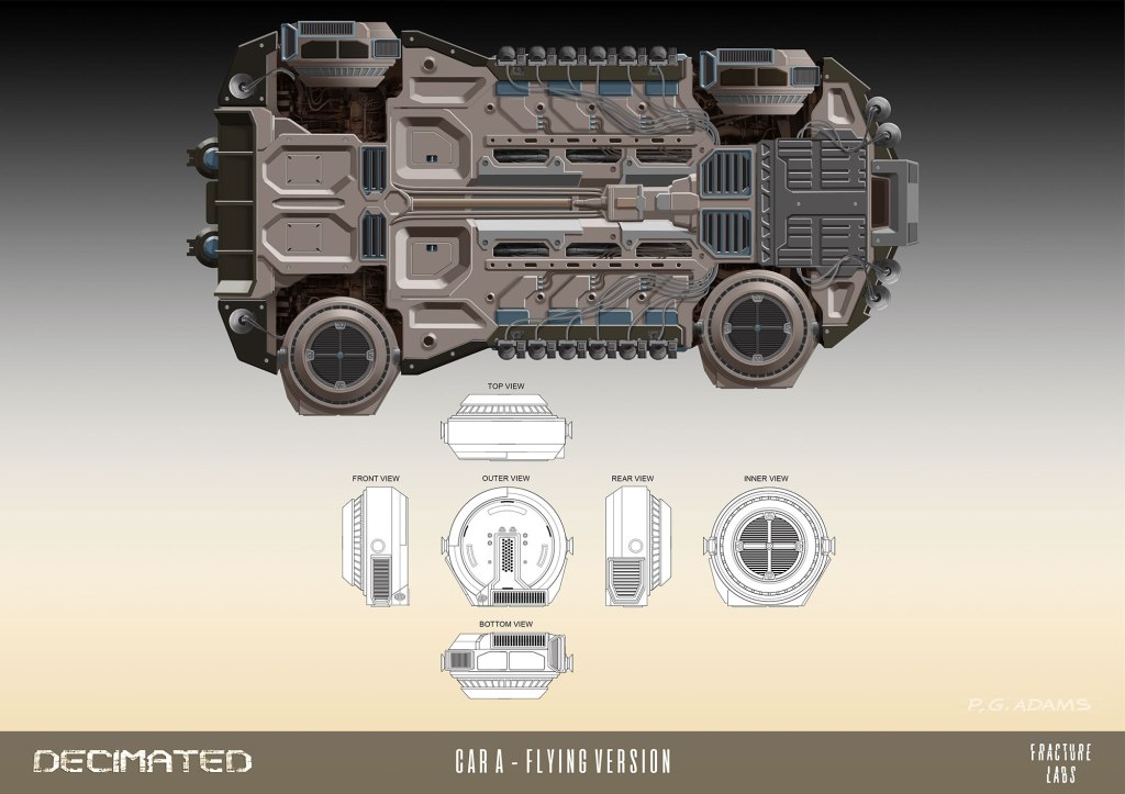 Top view illustration of a futuristic flying vehicle, labeled as 'CARA - Flying Version', featuring complex mechanical details and various perspective views including front, rear, outer, inner, and bottom views.