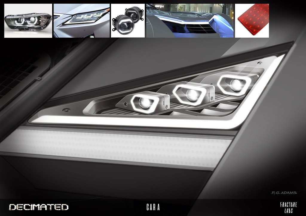Close-up view of a stylish car headlight design featuring three bright LED lights, with a sleek metallic and glossy finish.