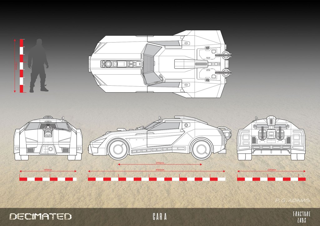 Blueprint illustration of a futuristic vehicle, showing front, side, and top views, with measurements indicated in millimeters.