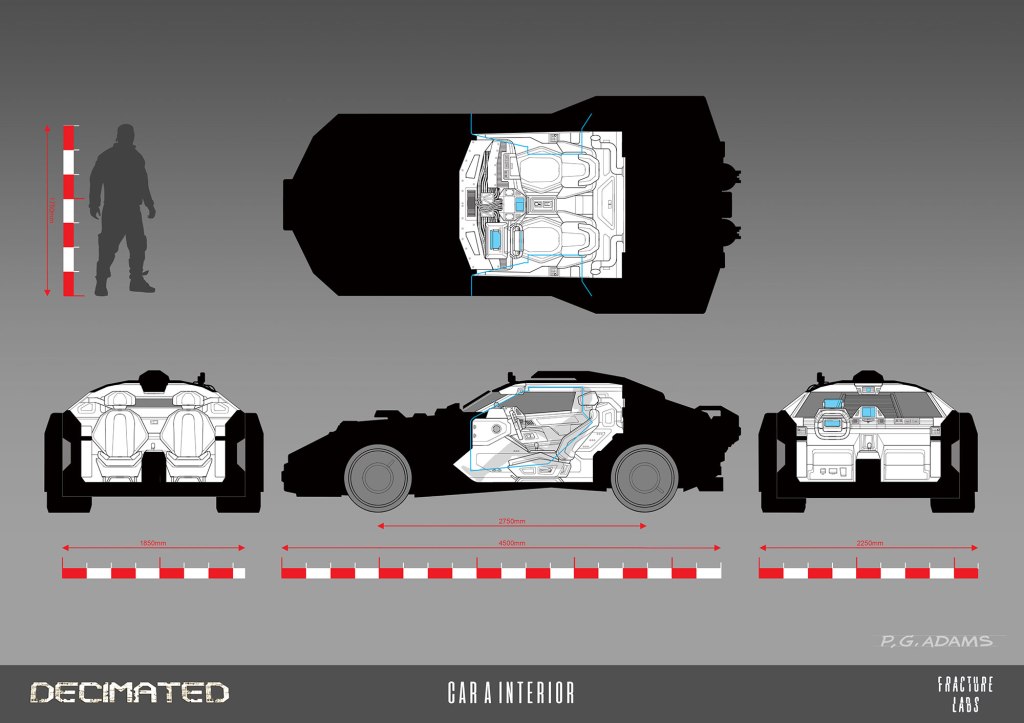 Technical illustration of a car interior design, featuring top, side, front, and back views with detailed measurements.