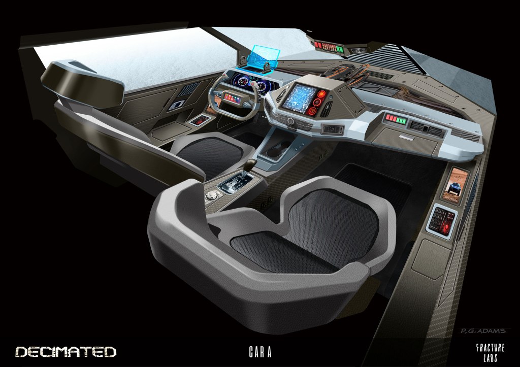 Futuristic vehicle cockpit design showcasing advanced control panels, seats, and dashboard features.