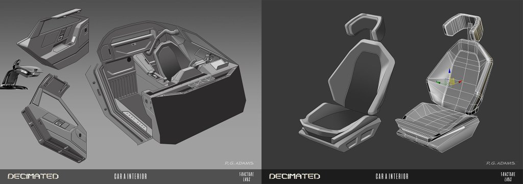 Illustration showing the components of a car interior, including seats and interior panels, in a 3D design format.