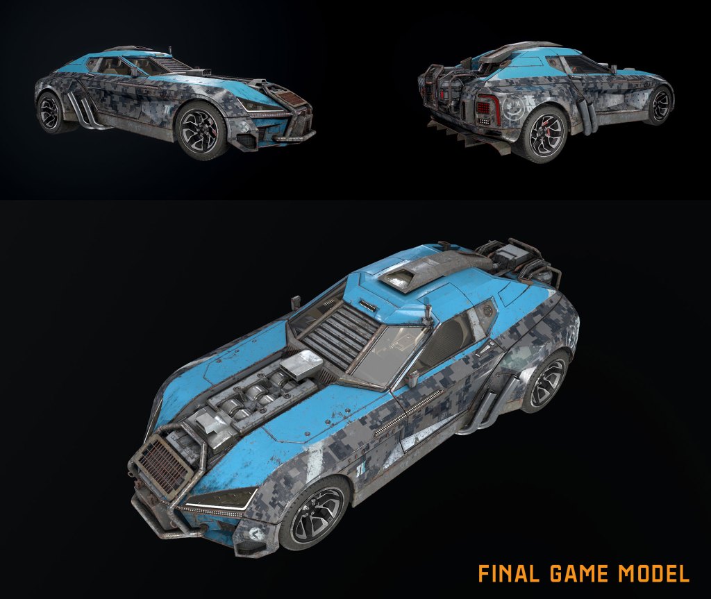 Three-dimensional rendering of a futuristic car model featuring a blue and gray camouflage design, showcasing the front, side, and rear views.
