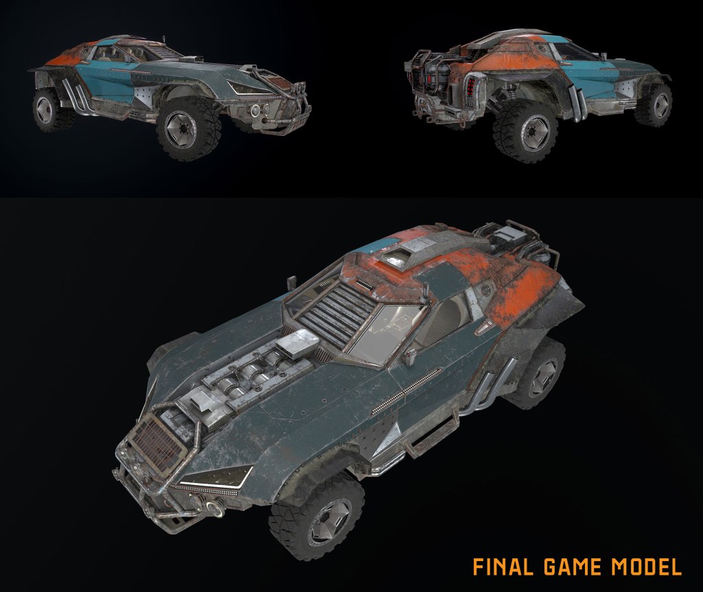 Three-dimensional rendering of a rugged, post-apocalyptic vehicle showcasing multiple angles, with a detailed and weathered design featuring a blue and orange color scheme.