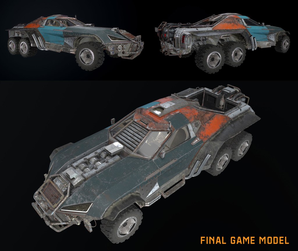 3D game model of a rugged, armored vehicle with six wheels, featuring a dark metallic body with orange and blue accents. Showcases front, side, and rear views.