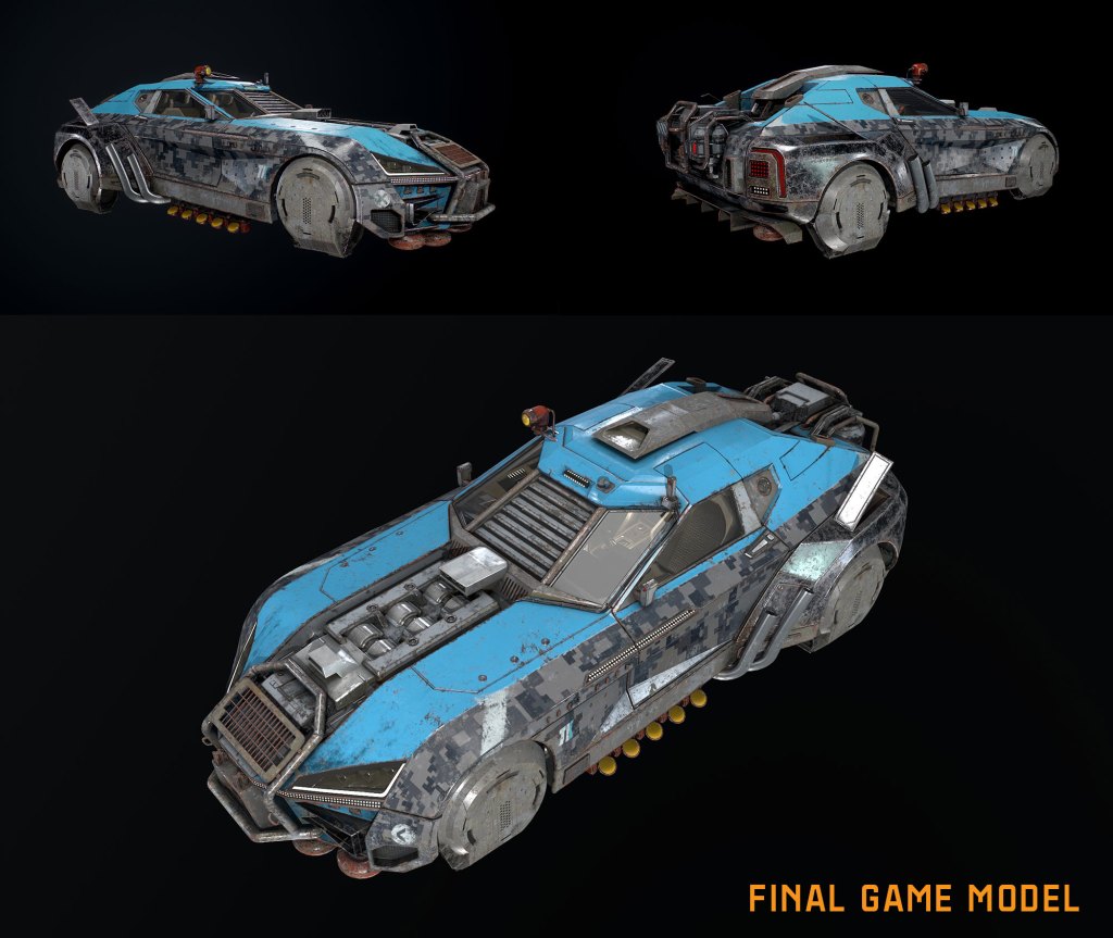 3D game model of a futuristic car with a blue and grey camouflage design, featuring a sleek body, visible engine details, and various accessories like lights and exhausts, displayed from multiple angles.