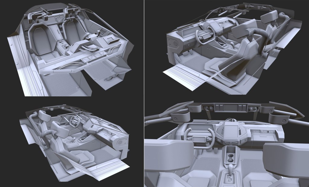 3D model of a car interior showcasing various angles, including seating, dashboard, and controls.