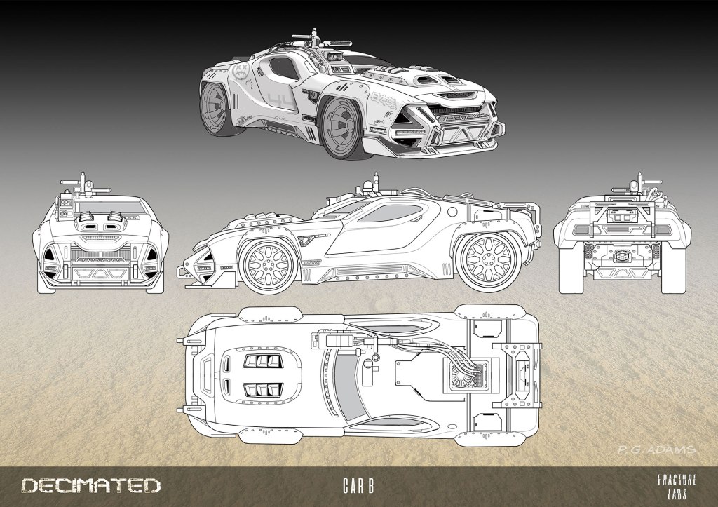 Technical design illustration of a futuristic car from multiple angles, labeled as 'Car B'.