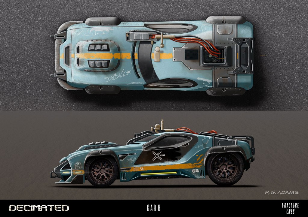 A stylized illustration of a futuristic car, showcasing an aerial view and a side profile. The car has a turquoise and black color scheme with unique design features, including intricate details and decals, set against a dark background. The image is labeled 'Decimated, Car B' and includes the artist's name.