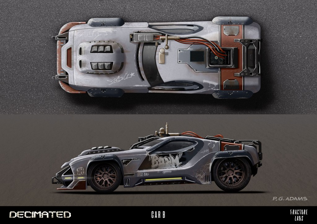 Concept art of a futuristic car from the game Decimated, featuring a sleek design with detailed mechanical elements and a graffiti-like appearance.