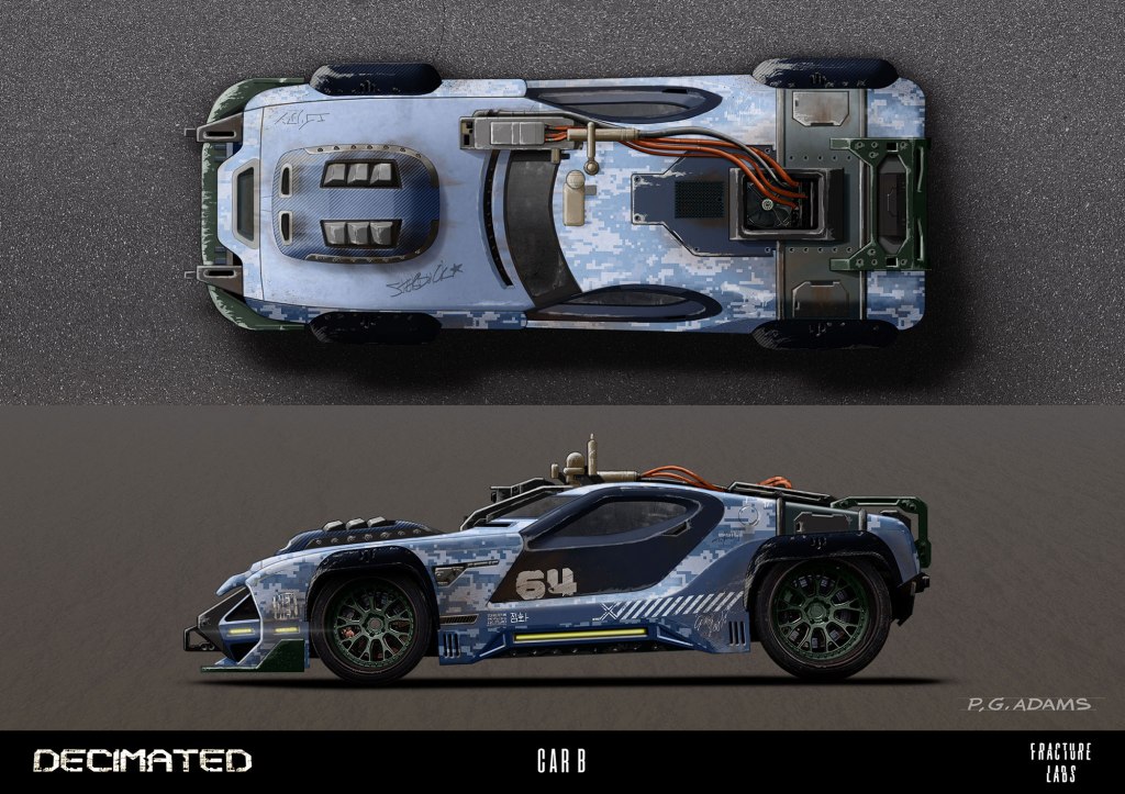 Concept design of a futuristic race car featuring a digital camo pattern, intricate detailing, and various technological elements.