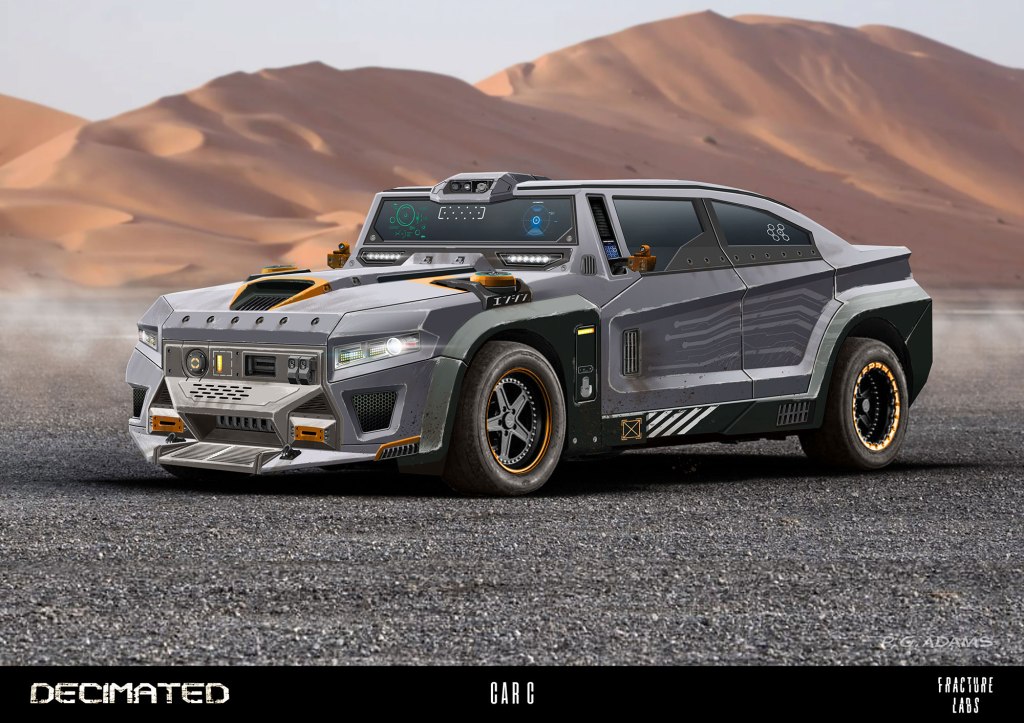 Futuristic vehicle design set in a desert landscape, featuring a modified car with a sleek body, advanced technology interface, and rugged wheels.