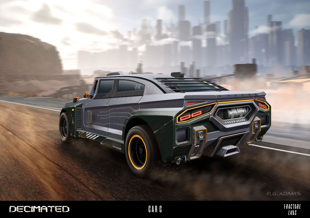A futuristic, high-performance car speeding down a deserted road with a rugged, desert landscape in the background.