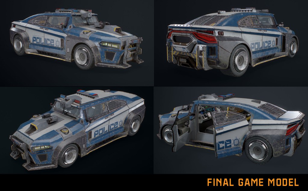 A detailed 3D model of a police car with a blue and white color scheme, featuring lights on the roof and a rugged, weathered appearance. The model displays various angles, including a view of the open door revealing the interior.