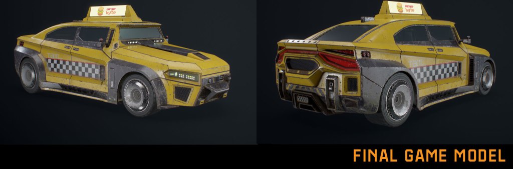 A 3D model of a futuristic yellow taxi with a checkerboard pattern, featuring a prominent front grille and modern design elements, shown from both the front and rear views.