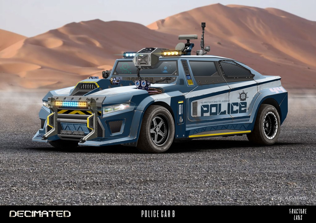 A futuristic police car designed for a desert environment, featuring a blue color scheme, advanced technological equipment, and police markings. It has LED lights, a reinforced front, and rugged tires suited for off-road conditions.