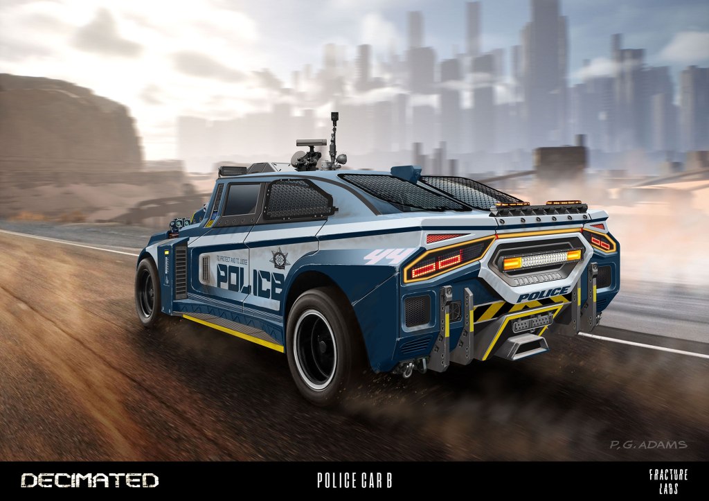 A futuristic police vehicle with a blue and white design, featuring armor plating and advanced surveillance equipment, driving on a rugged road with a desert landscape in the background.