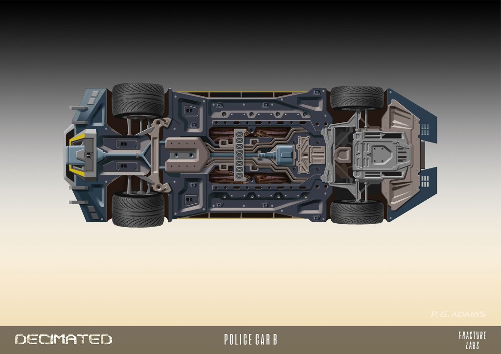 Top view illustration of a futuristic police car, showcasing its detailed mechanical structure and wheel components.