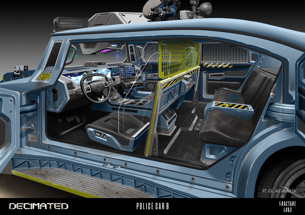 Interior view of a futuristic police car, showcasing advanced technology, multiple screens, a steering wheel, and secure seating with a mesh barrier.