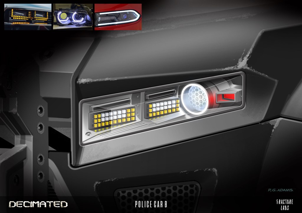 Close-up of futuristic police car lights with LED elements, showcasing advanced lighting design.