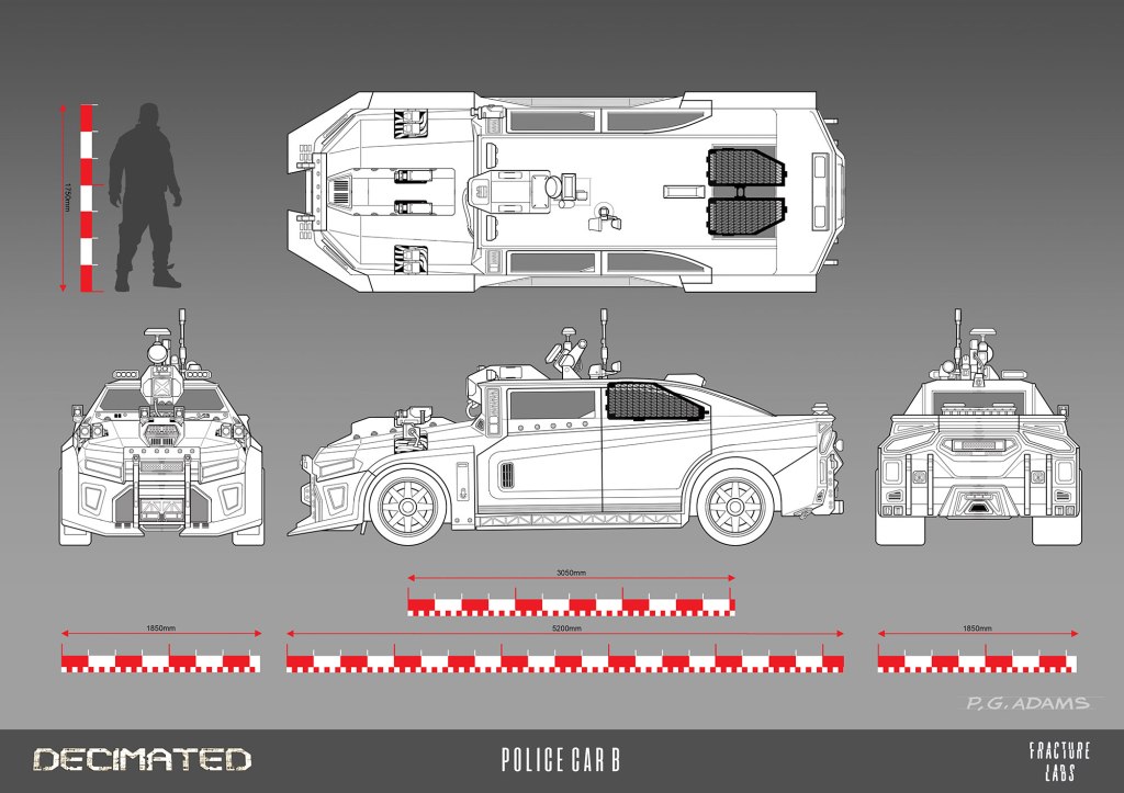 Technical illustrations of a futuristic police car featuring front, rear, side, and top views, along with dimensions and a silhouette of a person for scale.