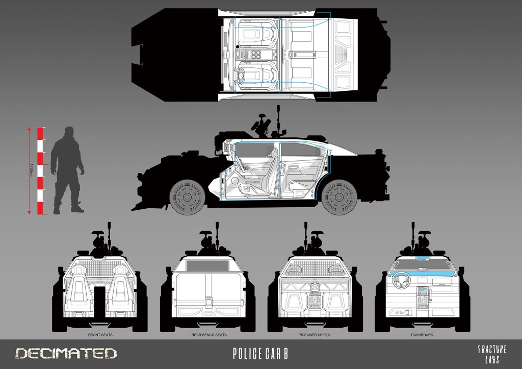 Concept design of a futuristic police vehicle showing multiple views: top, front, and rear. Includes detailed layouts of the front and rear seats, prisoner shield, and dashboard, alongside a scale reference with a silhouetted figure for size comparison.