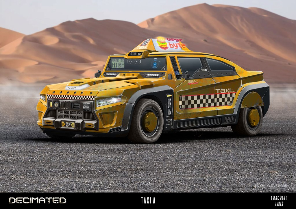 A futuristic yellow taxi vehicle with a unique design, parked in a desert landscape with sand dunes in the background.