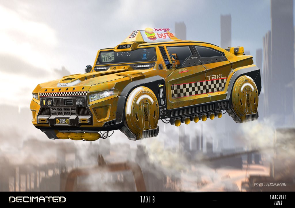 A futuristic flying taxi in a vibrant yellow color, featuring a checkerboard pattern and the text 'Taxi' on its side. The vehicle has an oversized design with bold front lights and unique wheels, set against a cloudy backdrop.