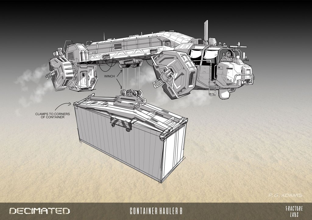 Illustration of 'Container Hauler B' spacecraft hovering above a shipping container, with labeled components such as winch and clamps.