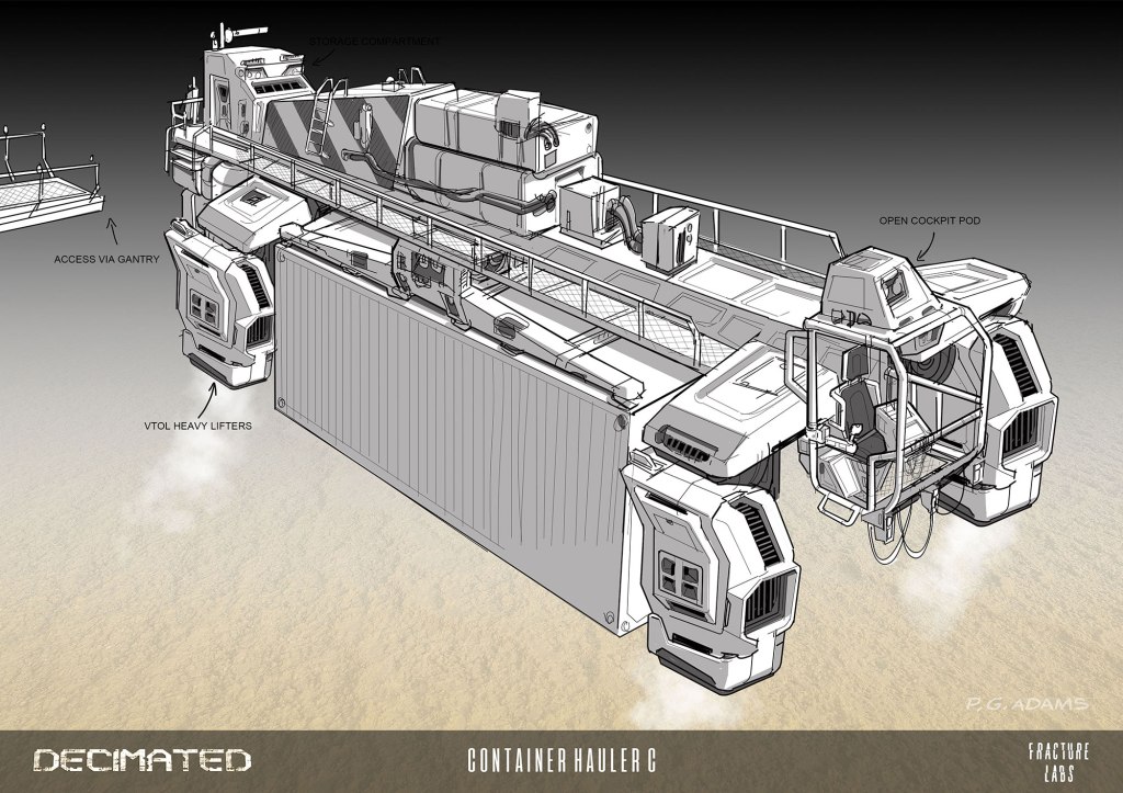 Illustration of a futuristic container hauler, featuring a storage compartment and access gantry, equipped with VTOL heavy lifters and an open cockpit pod.