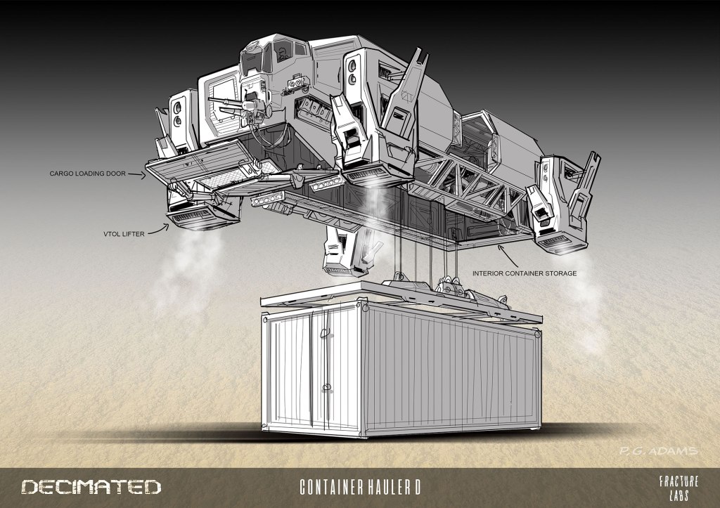 An illustration of Container Hauler D, a futuristic vehicle designed for loading and transporting cargo. It features labeled components like the cargo loading door, VTOL lifter, and interior container storage, depicted above a shipping container with smoke rising.