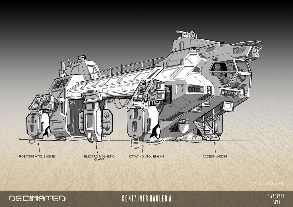 Detailed illustration of a futuristic container hauler with rotating VTOL engines, an electro-magnetic clamp, and an access ladder.