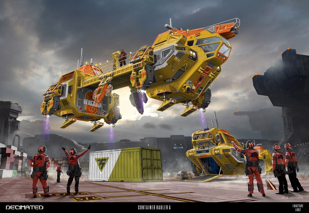 A futuristic cargo hauler hovering over a shipping container at a busy industrial site, with workers in red uniforms observing and managing the operation.