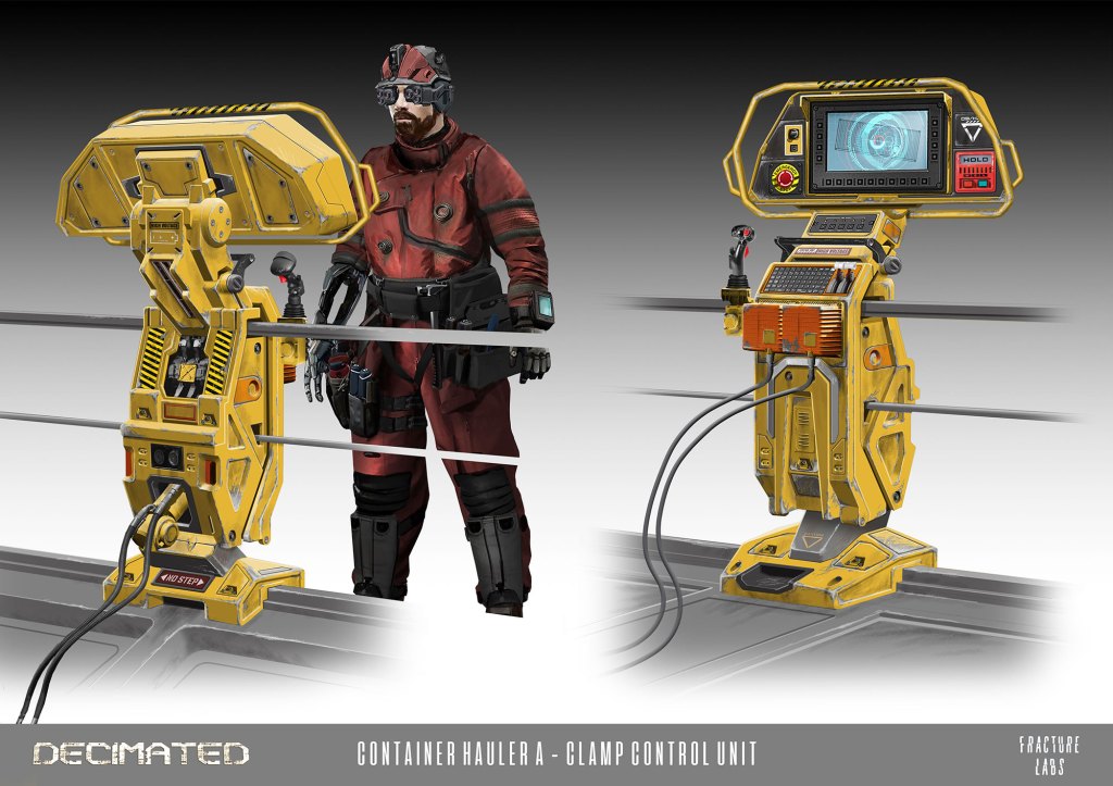 A design concept for a fictional 'Container Hauler A' featuring a clamp control unit and an operator in a red jumpsuit with futuristic goggles and gear.