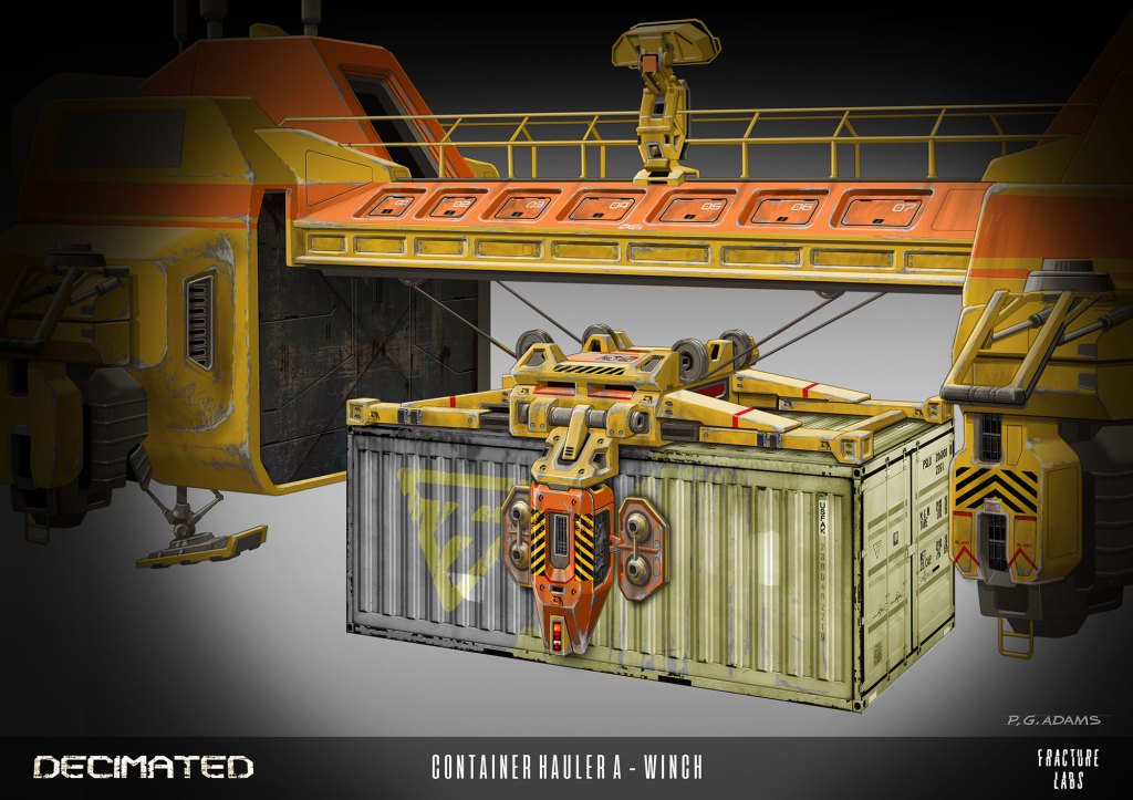 An illustration of a yellow and grey industrial container hauler with a winch mechanism, lifting a green shipping container marked with a warning symbol. The background features a stylized interface and branded elements from the game 'Decimated' by Fracture Labs.