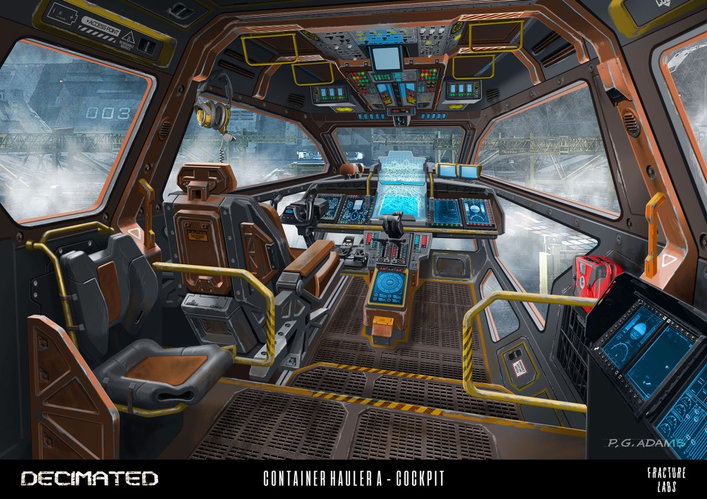 Futuristic cockpit interior of a container hauler, featuring advanced control panels and seating, with a view of a smoky industrial landscape outside.