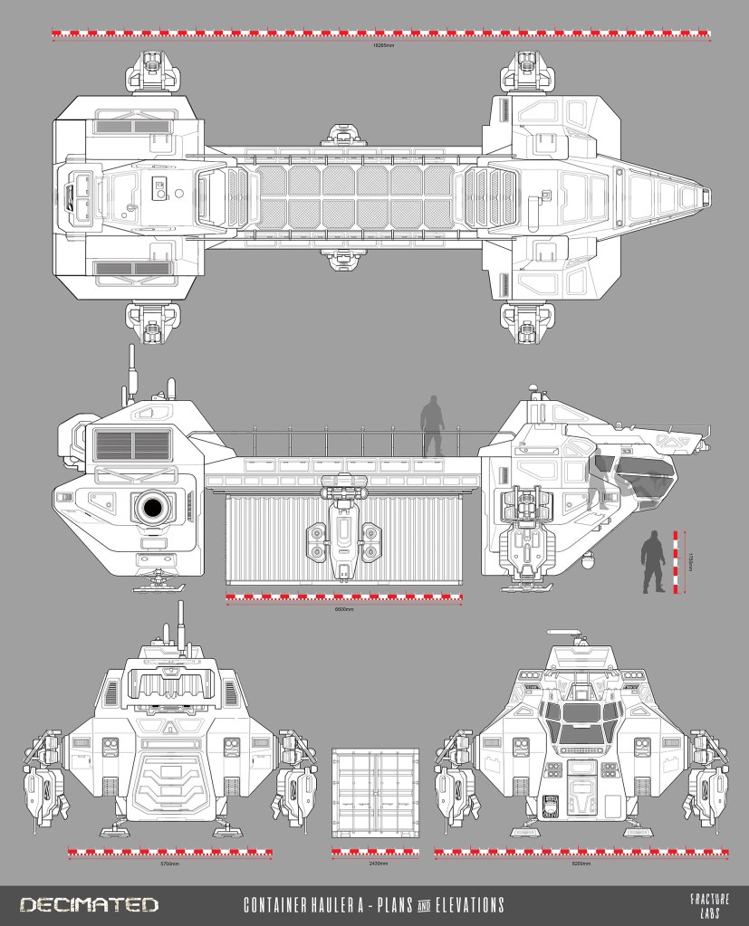 Blueprint of a container hauler, featuring top, front, side, and rear views, with scale measurements indicated.