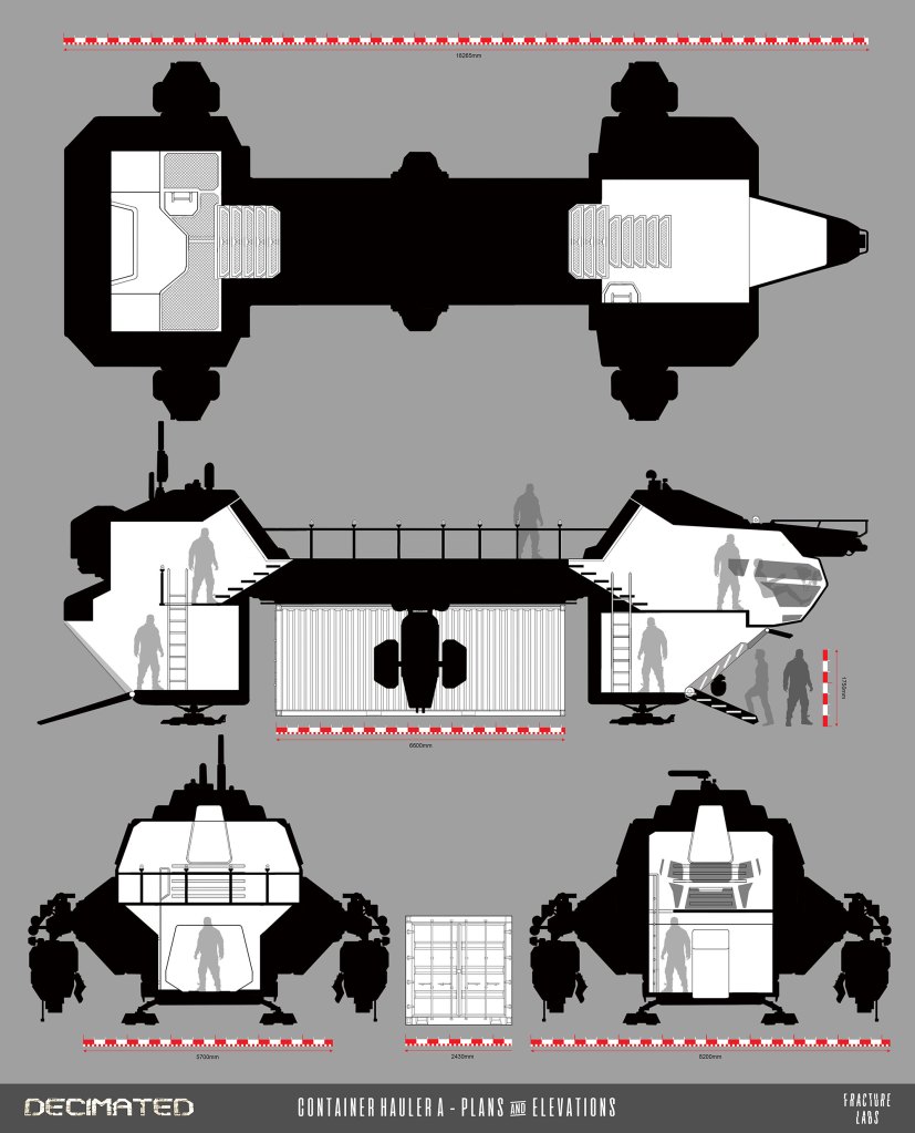Blueprint of a container hauler showcasing top, side, and elevation views, with detailed measurements and silhouettes of figures for scale.