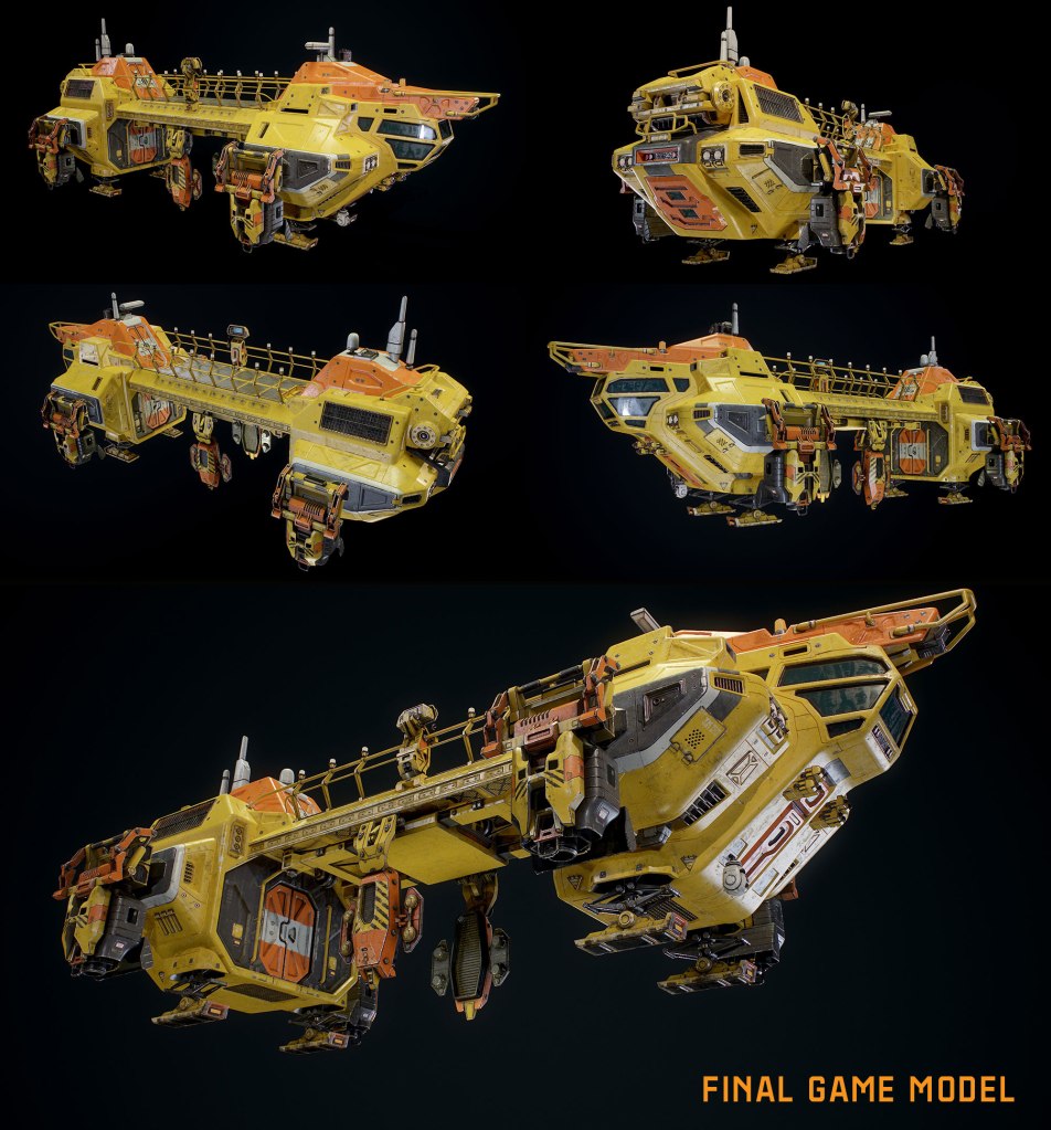 A 3D model of a futuristic yellow spacecraft displayed from multiple angles, showcasing intricate details and mechanical components.
