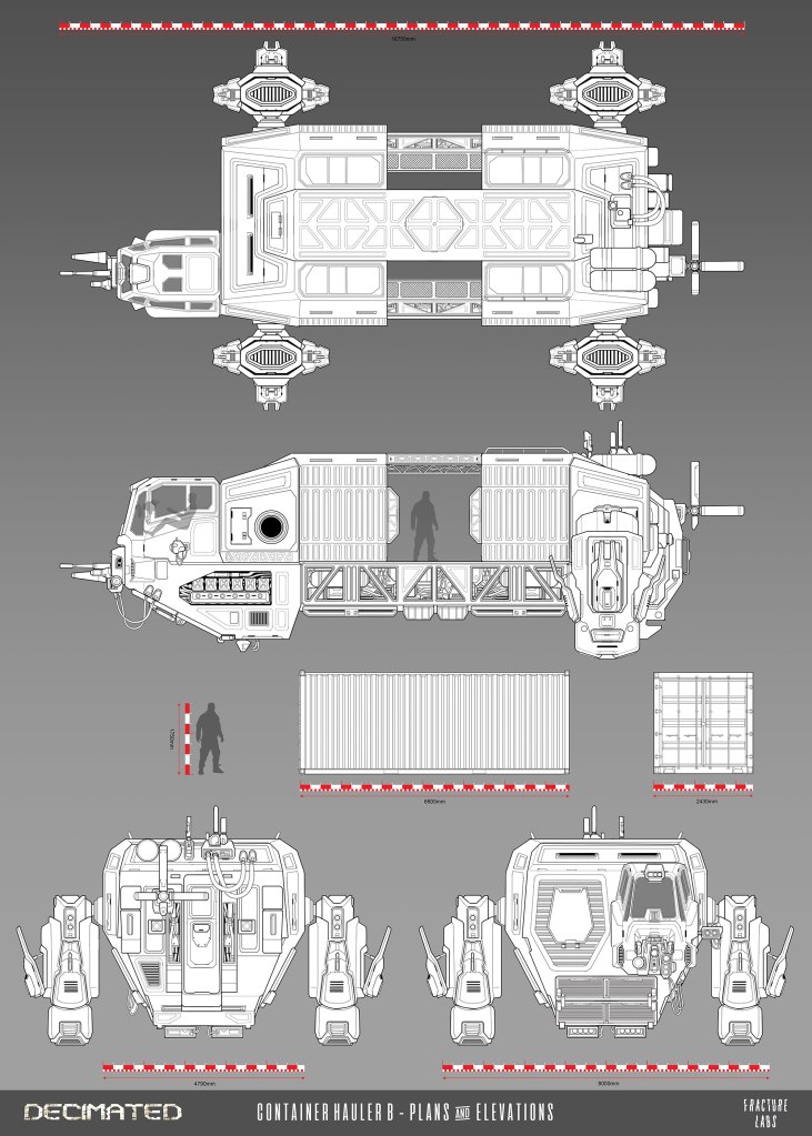 Blueprint of Container Hauler B, featuring top, side, and front elevations along with dimensions and a scale reference.