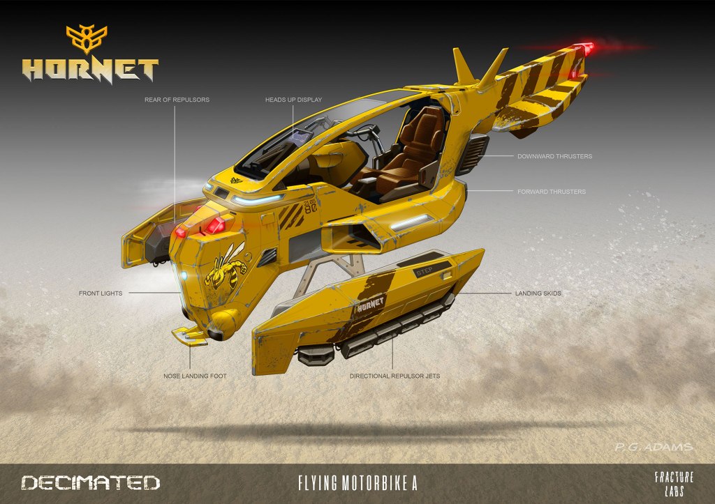 A conceptual design of a yellow flying motorbike titled 'Hornet', showcasing various features like thrusters, front lights, landing skids, and a heads-up display.