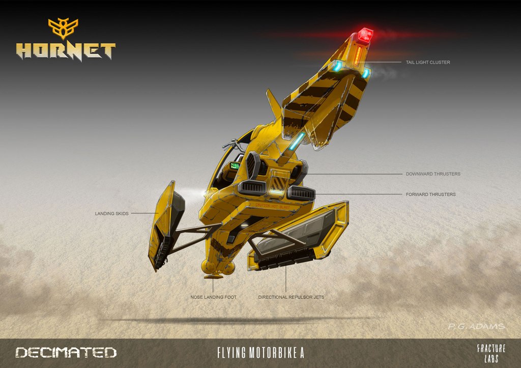 Concept art of a yellow futuristic flying motorbike named 'Hornet', featuring labeled parts such as landing skids, downward thrusters, and directional repulsor jets.