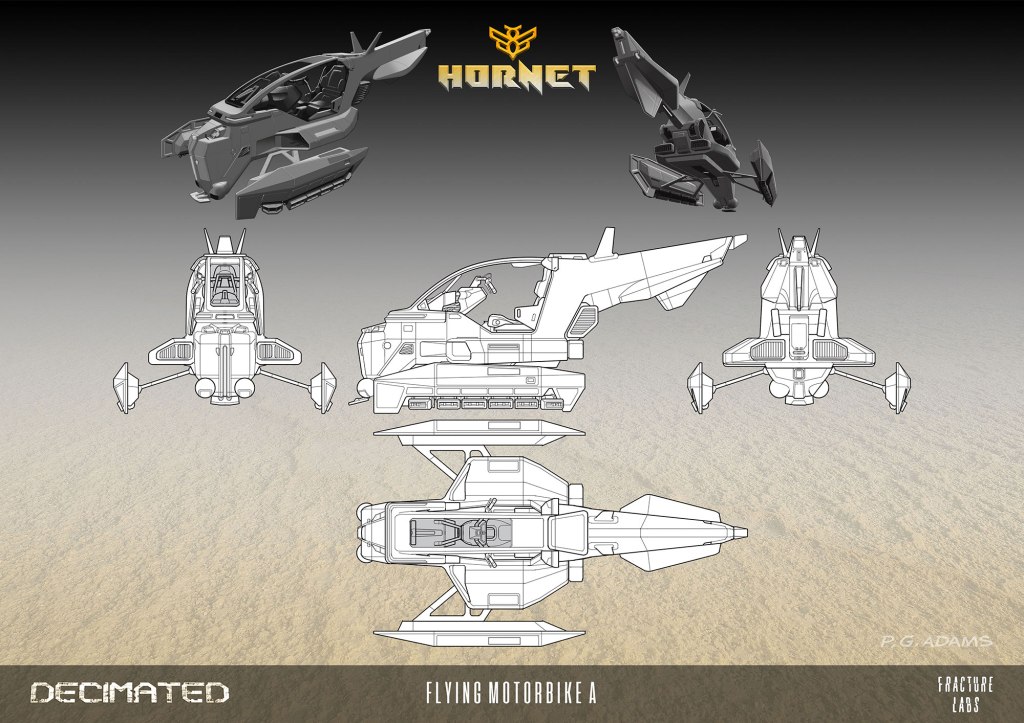 Illustration of a futuristic flying motorbike, titled 'Hornet', showcasing multiple views including front, back, side, and top perspectives. The design features sleek aerodynamic shapes and detailed elements, with a gradient background.