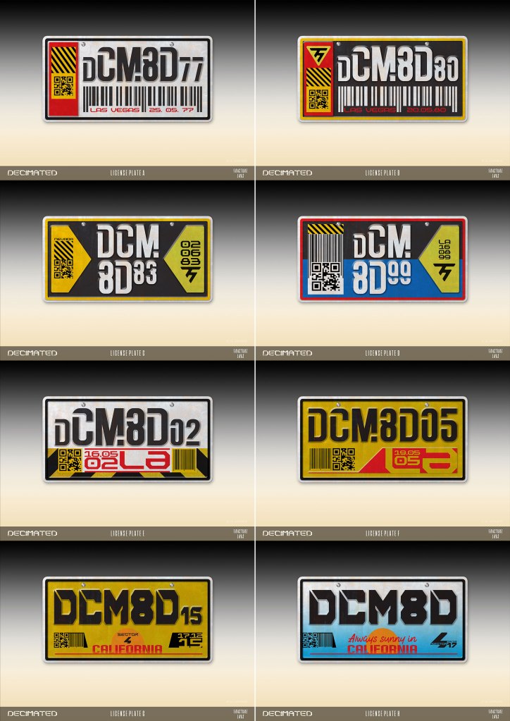 A collection of eight artistically designed license plates featuring the text 'DCM8D' followed by numbers, with various color schemes and QR codes.