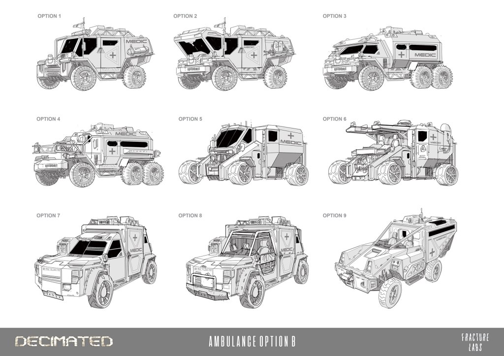 Illustration of nine different ambulance vehicle designs labeled as 'Option 1' through 'Option 9' for a project titled 'Decimated.' Each design features a distinct shape and configuration, all marked with 'MEDIC' and medical symbols.